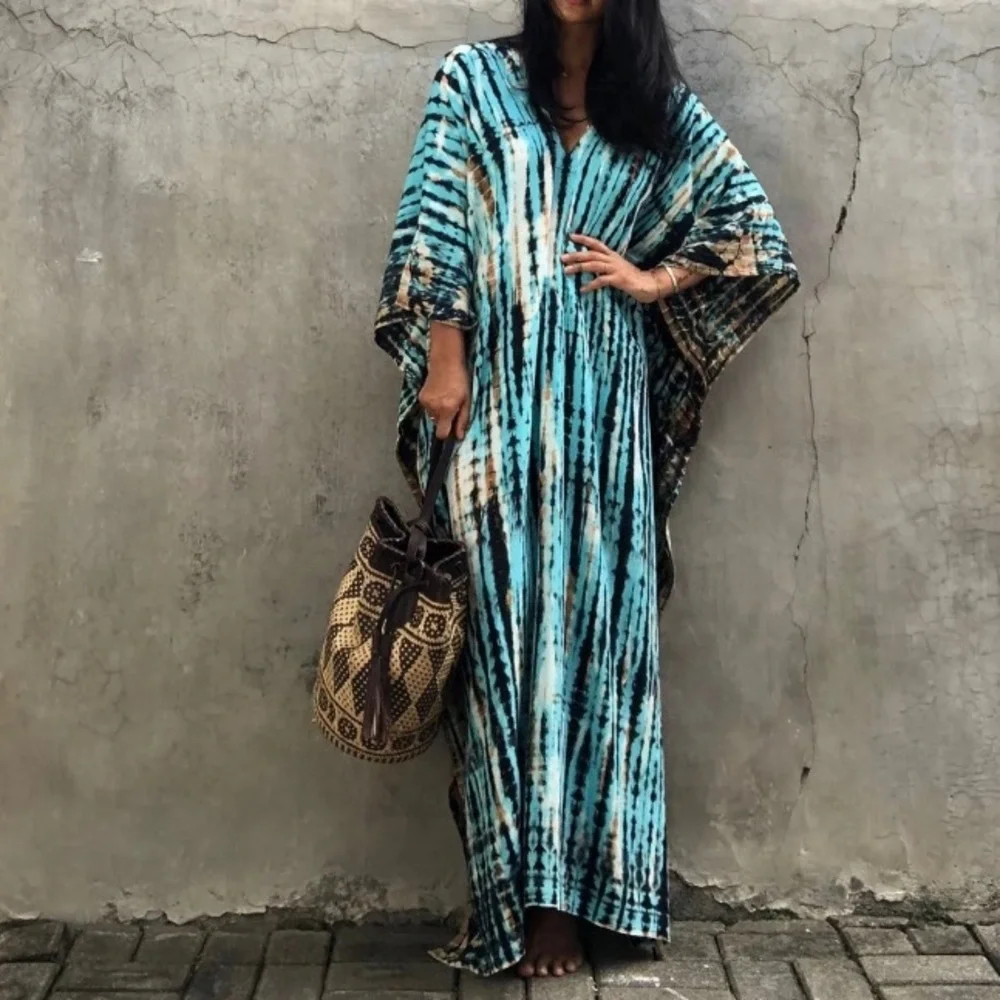 SOLD OUT Blue Boho Tie Dye Kaftan Kimono Dress - Picture 1 of 8